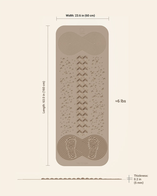 QILATES Qi Wellness Mat acupressure mat with zoned energy nodes — Qi-flow swirl, spine column and reflexology foot pads