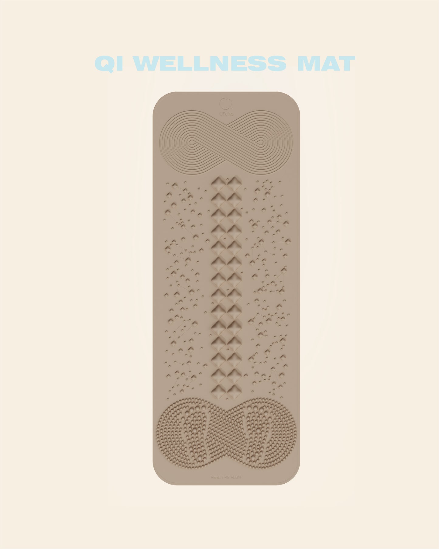QILATES Qi Wellness Mat acupressure mat with zoned energy nodes — Qi-flow swirl, spine column and reflexology foot pads