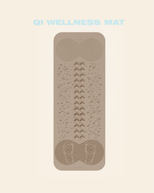 QILATES Qi Wellness Mat acupressure mat with zoned energy nodes — Qi-flow swirl, spine column and reflexology foot pads